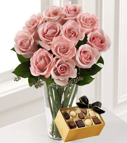 A Dozen Pink Roses with Chocolates 
